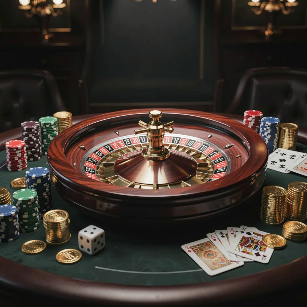 Cena de página inicial de cassino premium com uma roleta girando sobre uma mesa brilhante com fichas de pôquer, dados, cartas e moedas douradas, em um fundo escuro elegante com iluminação cinematográfica, apresentando a marca 5KKKK Cena de página inicial de cassino premium com uma roleta girando sobre uma mesa brilhante com fichas de pôquer, dados, cartas e moedas douradas, em um fundo escuro elegante com iluminação cinematográfica, apresentando a marca 5KKKK